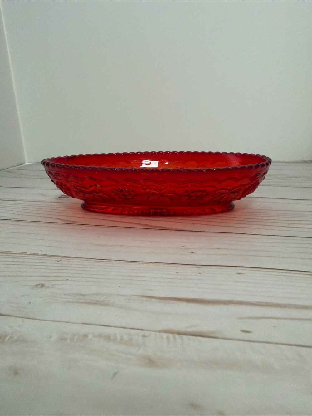 Imperial Glass Grape Vine & Leaves Ruby Red Amberina Oval Bowl Dish 8 1/2"